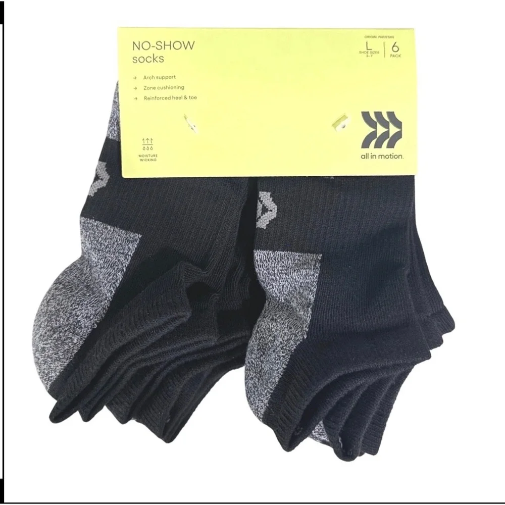 All in Motion Socks No-Show 2-Pack Black Shoe Size 3-7 Large 12 Pairs